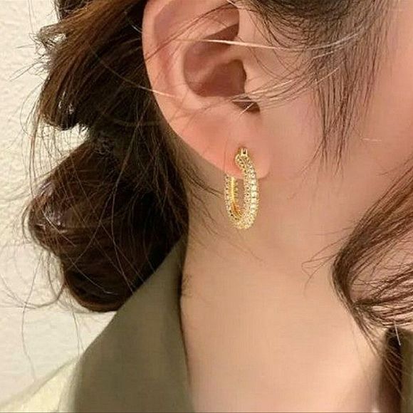 18K GOLD PLATED MICRO PAVÉ CZ ENCRUSTED HOOP LOOP EARRINGS SPARKLY SPARKLE NWT - Picture 7 of 16